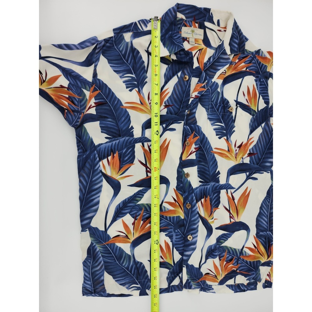 Island Shores Mens Large Blue Orange Bird of Paradise Rayon Hawaiian Camp Shirt - Picture 5 of 5